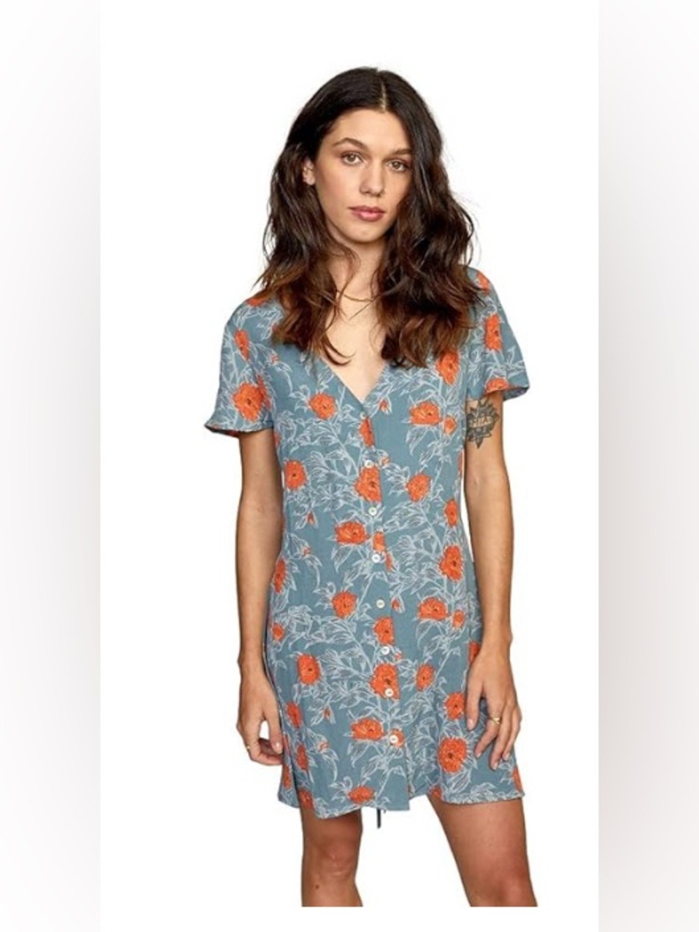 RVCA Grey Dress with Coral-Orange Floral Print Size XL